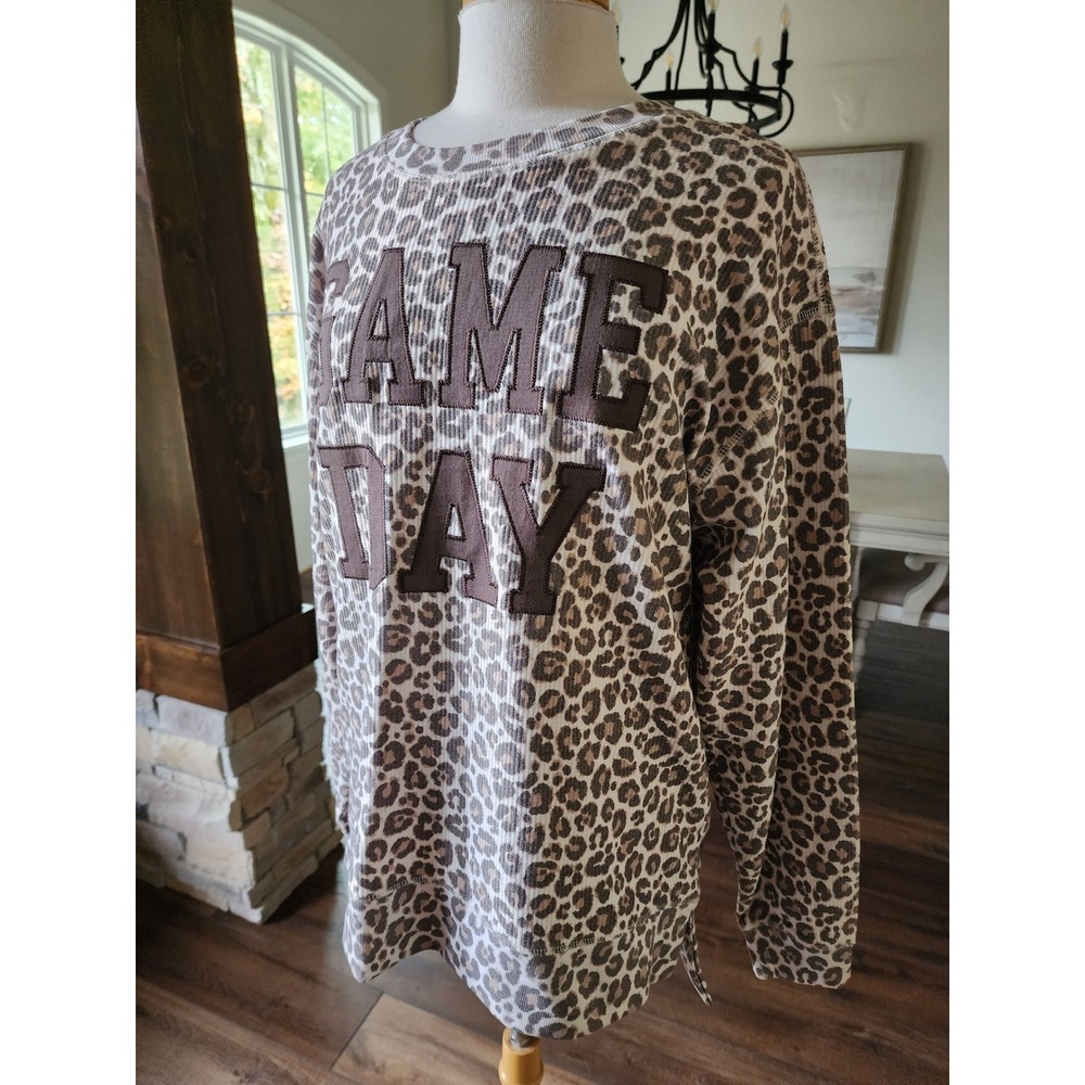 NWOT Boutique Leopard Print Game‎ Day Long Sleeve Ribbed Sweatshirt Top XLarge - Picture 3 of 9